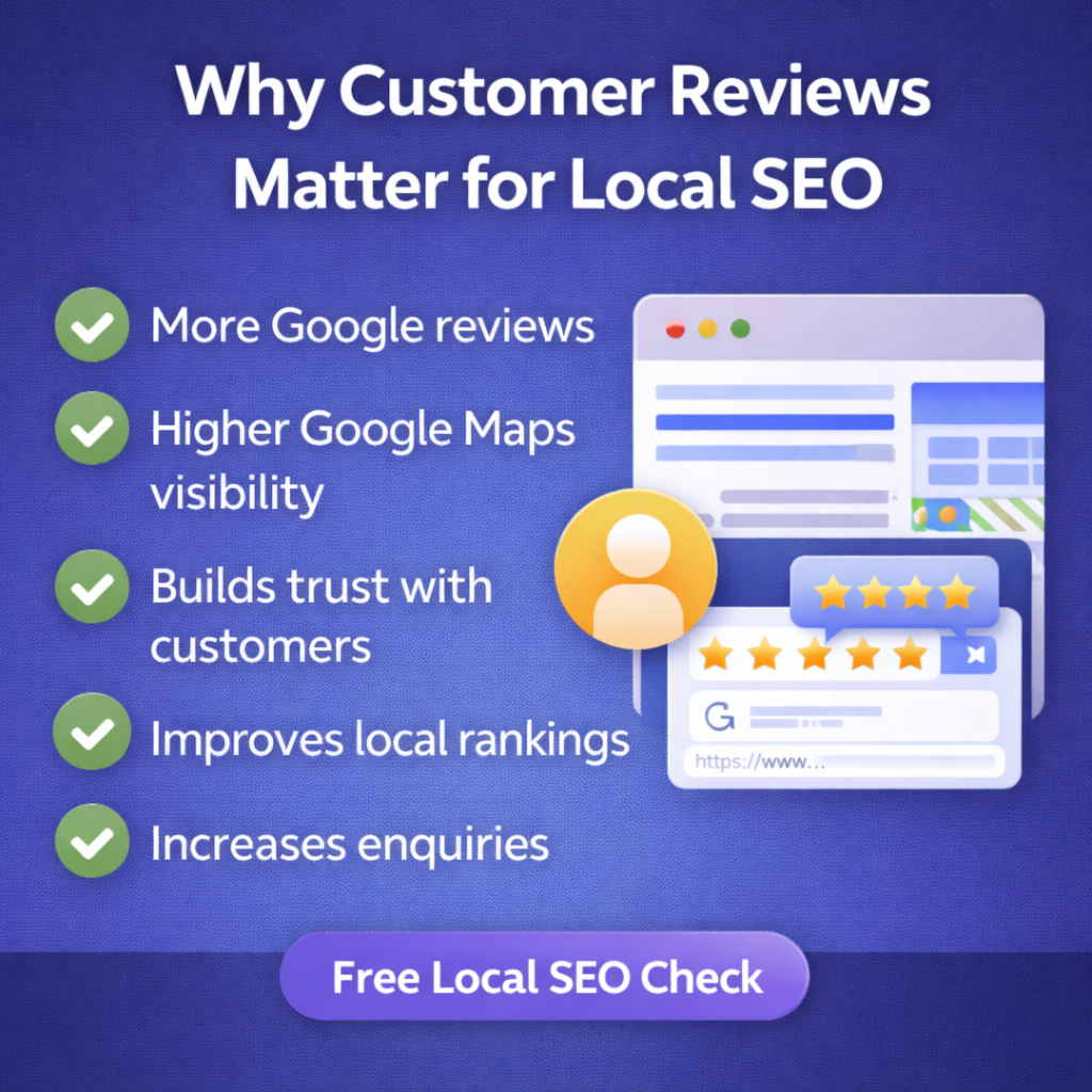 Infographic explaining how customer reviews help local businesses in Essex improve Google Maps visibility and attract more enquiries.