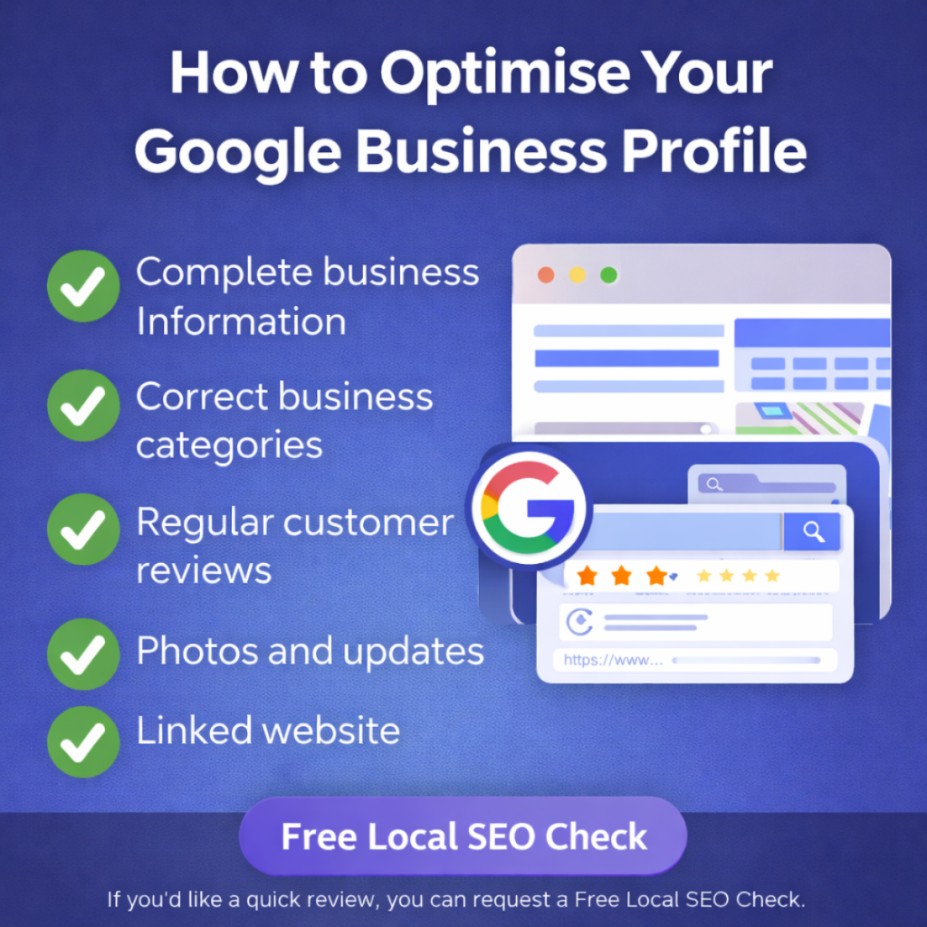 Info-graphic showing how to optimise a Google Business Profile including business information, categories, reviews, photos and website linking to improve local SEO visibility.