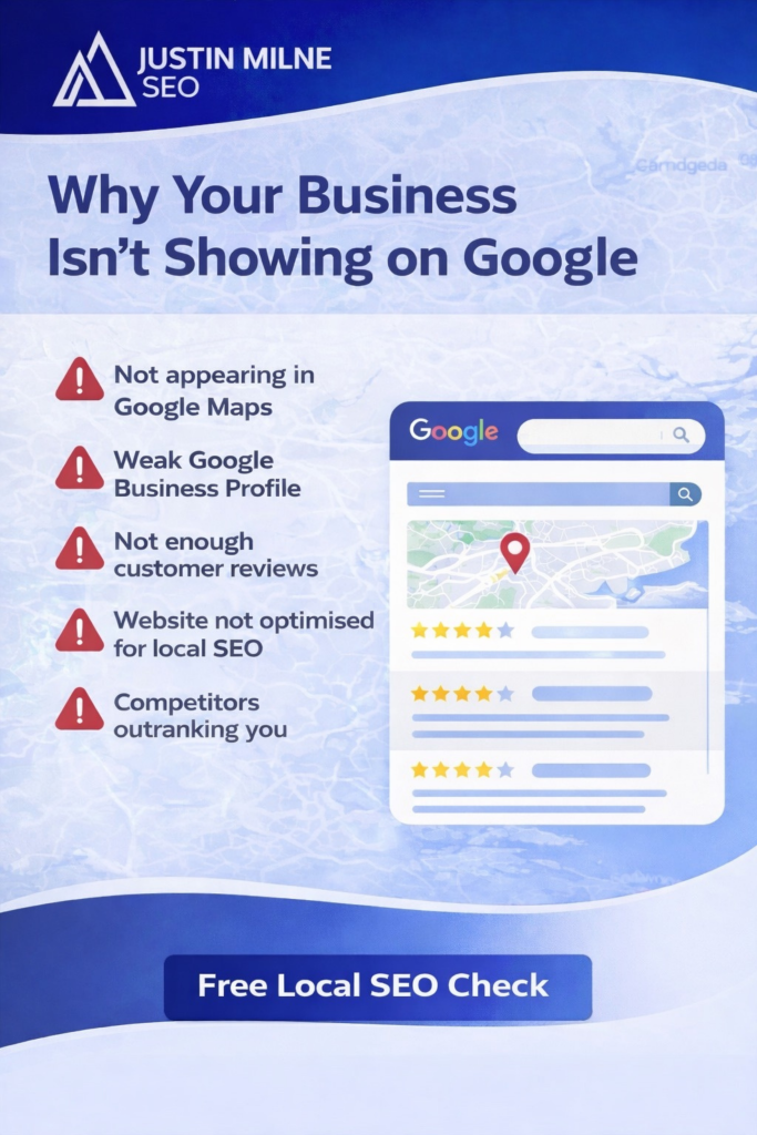 Infographic explaining why local businesses in Colchester and Essex are not showing on Google search results and the common local SEO issues affecting visibility.