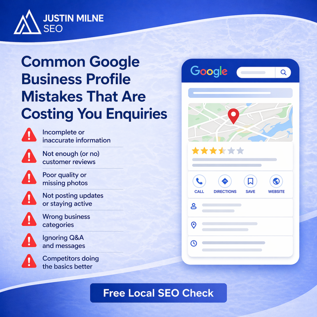 Common Google Business Profile Mistakes That Are Costing You Enquiries Common Google Business Profile mistakes that stop local businesses appearing in Google search results and Maps in Colchester and Essex