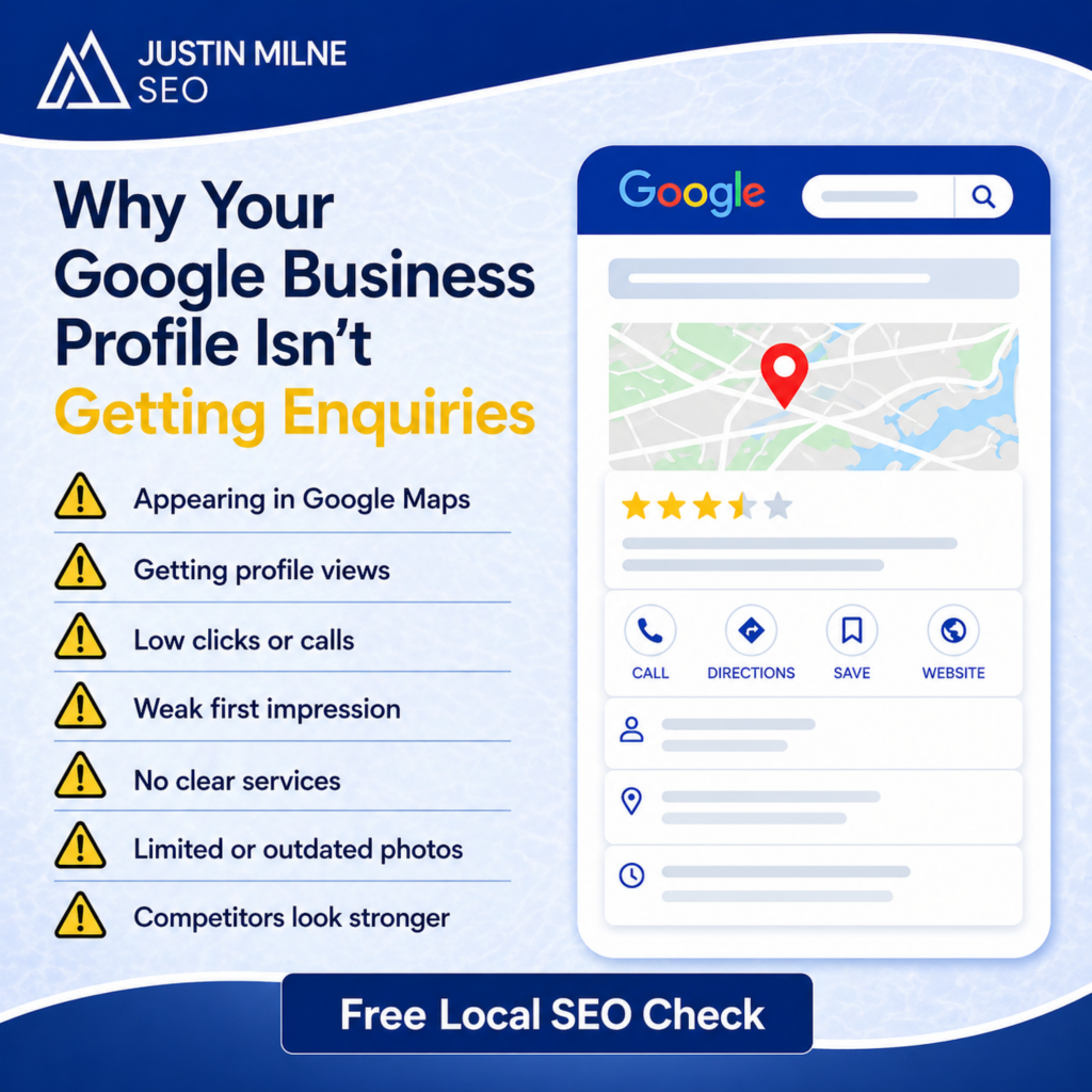 Infographic explaining why a Google Business Profile gets views but not enquiries, highlighting common issues like weak content and poor engagement.